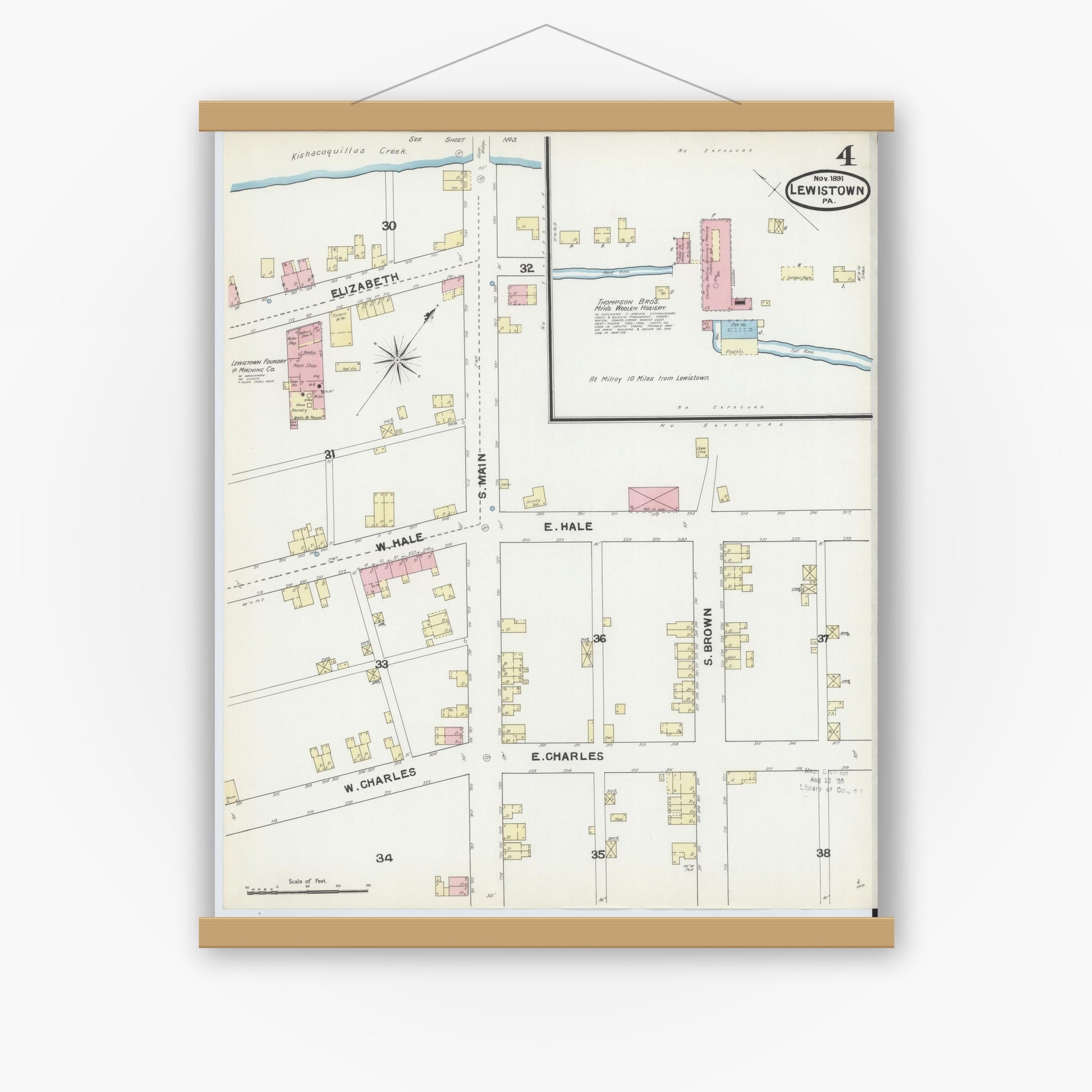 Old map wall art mockup — magnetic wood frame on white wall — Sanborn Fire Insurance Map from Lewistown, Mifflin County, Pennsylvania (1891), Sheet #0004