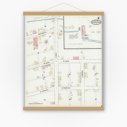 Old map wall art mockup — magnetic wood frame on white wall — Sanborn Fire Insurance Map from Lewistown, Mifflin County, Pennsylvania (1891), Sheet #0004