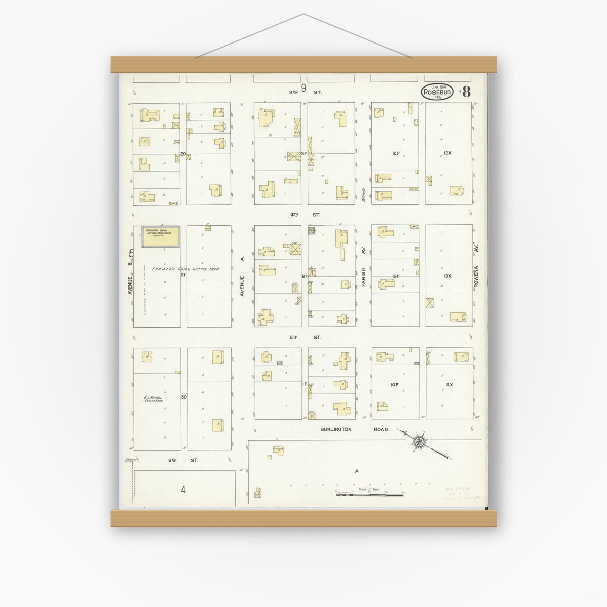 Old map wall art mockup — magnetic wood frame on white wall — Sanborn Fire Insurance Map from Rosebud, Falls County, Texas (1914), Sheet #0008