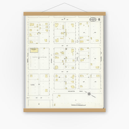 Old map wall art mockup — magnetic wood frame on white wall — Sanborn Fire Insurance Map from Rosebud, Falls County, Texas (1914), Sheet #0008