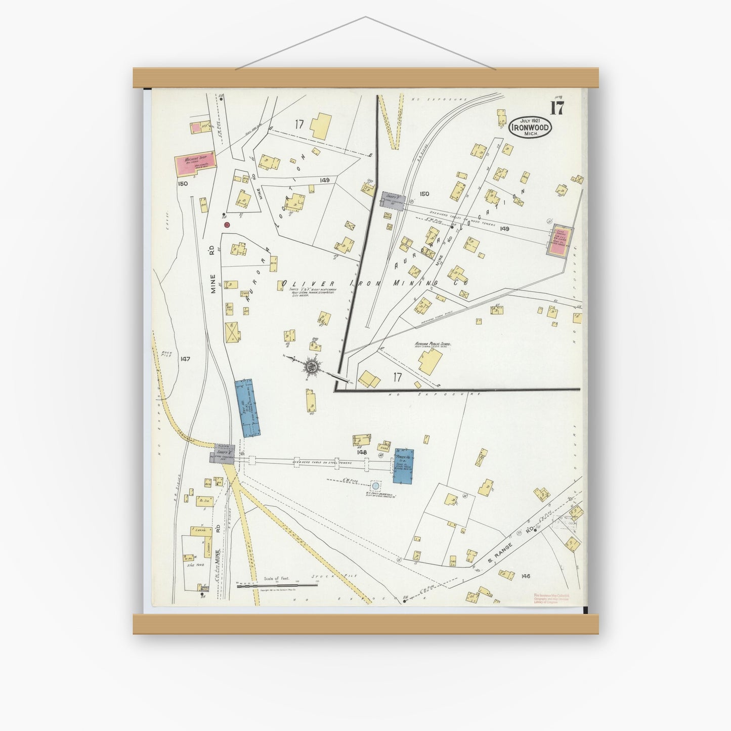 Old map wall art mockup — magnetic wood frame on white wall — Sanborn Fire Insurance Map from Ironwood, Gogebic County, Michigan (1921), Sheet #0017