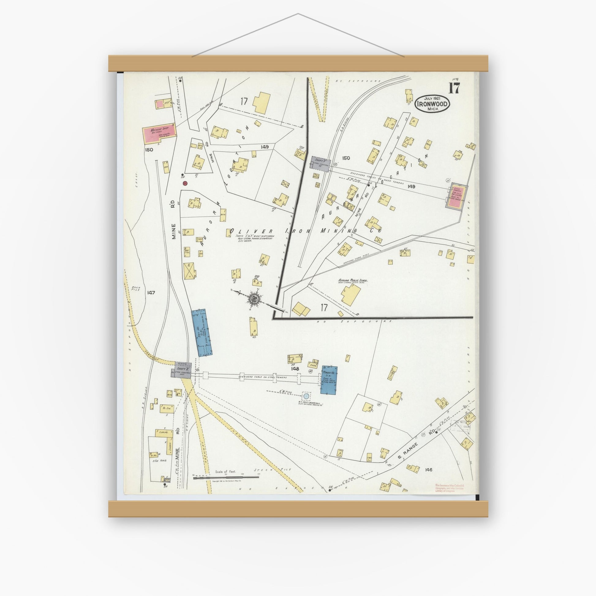 Old map wall art mockup — magnetic wood frame on white wall — Sanborn Fire Insurance Map from Ironwood, Gogebic County, Michigan (1921), Sheet #0017