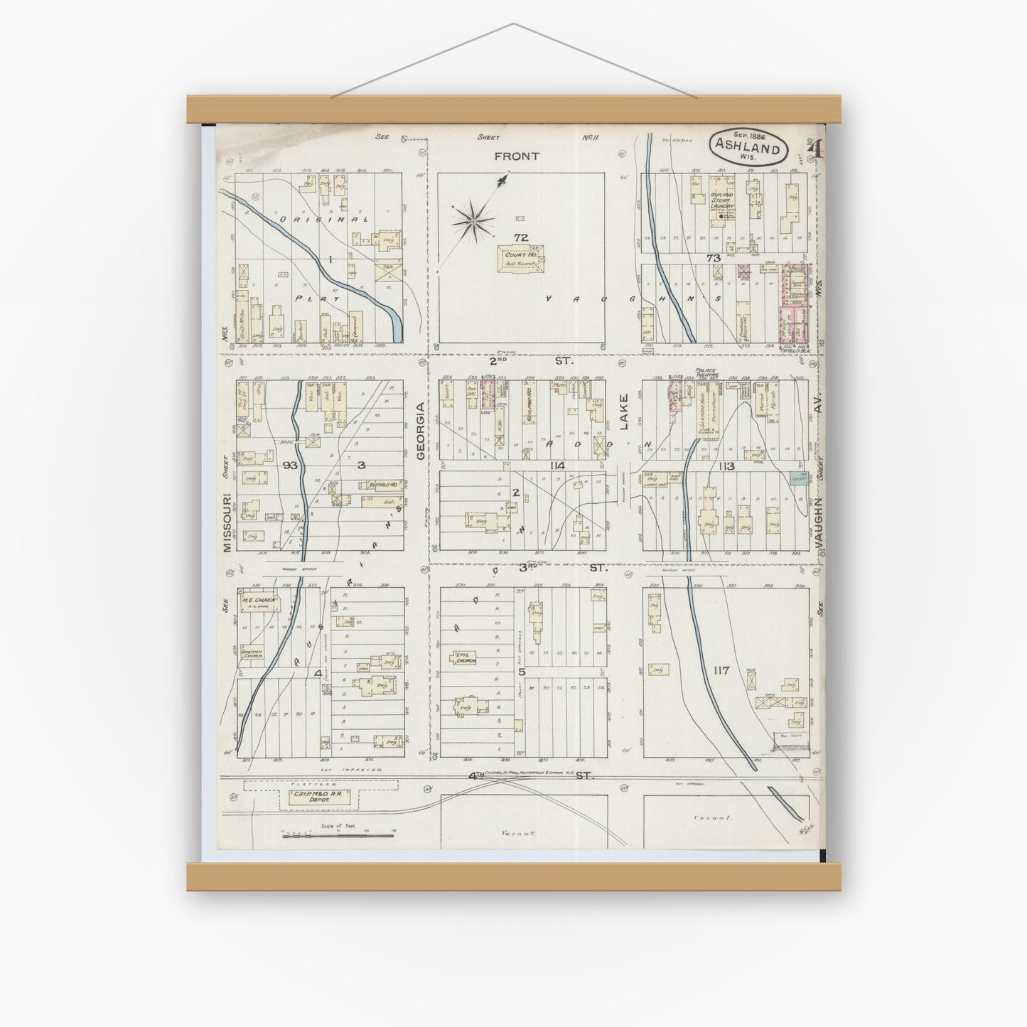 Old map wall art mockup — magnetic wood frame on white wall — Sanborn Fire Insurance Map from Ashland, Ashland County, Wisconsin (1886), Sheet #0004