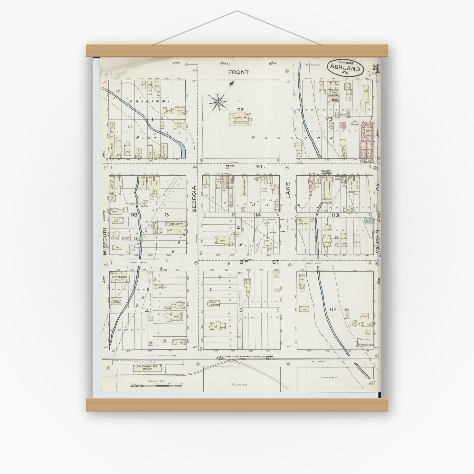 Old map wall art mockup — magnetic wood frame on white wall — Sanborn Fire Insurance Map from Ashland, Ashland County, Wisconsin (1886), Sheet #0004