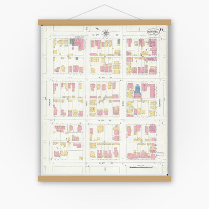 Old map wall art mockup — magnetic wood frame on white wall — Sanborn Fire Insurance Map from Hannibal, Marion County, Missouri (1906), Sheet #0006