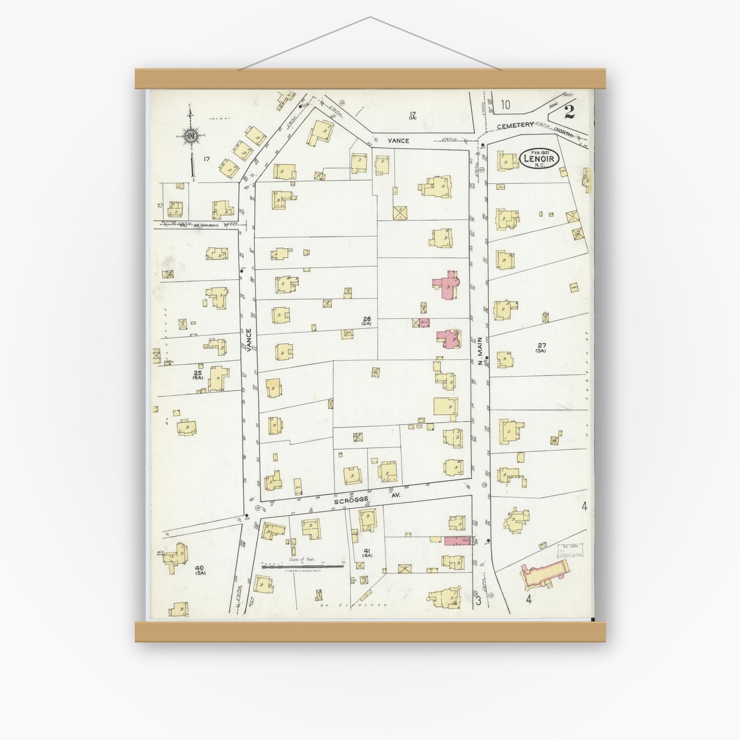 Old map wall art mockup — magnetic wood frame on white wall — Sanborn Fire Insurance Map from Lenoir, Caldwell County, North Carolina (1921), Sheet #0002