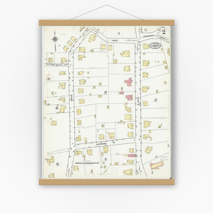 Old map wall art mockup — magnetic wood frame on white wall — Sanborn Fire Insurance Map from Lenoir, Caldwell County, North Carolina (1921), Sheet #0002