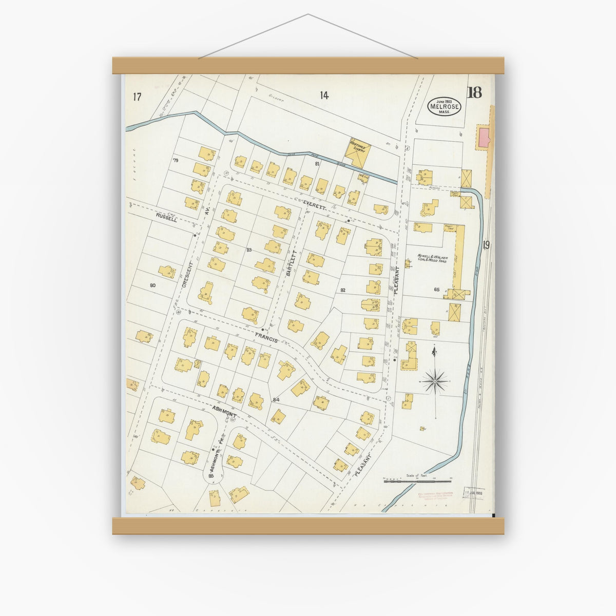 Old map wall art mockup — magnetic wood frame on white wall — Sanborn Fire Insurance Map from Melrose, Middlesex County, Massachusetts (1903), Sheet #0018