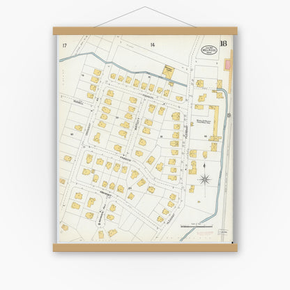 Old map wall art mockup — magnetic wood frame on white wall — Sanborn Fire Insurance Map from Melrose, Middlesex County, Massachusetts (1903), Sheet #0018