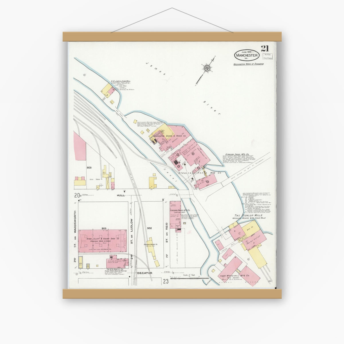 Old map wall art mockup — magnetic wood frame on white wall — Sanborn Fire Insurance Map from Manchester, Chesterfield County, Virginia (1910), Sheet #0021