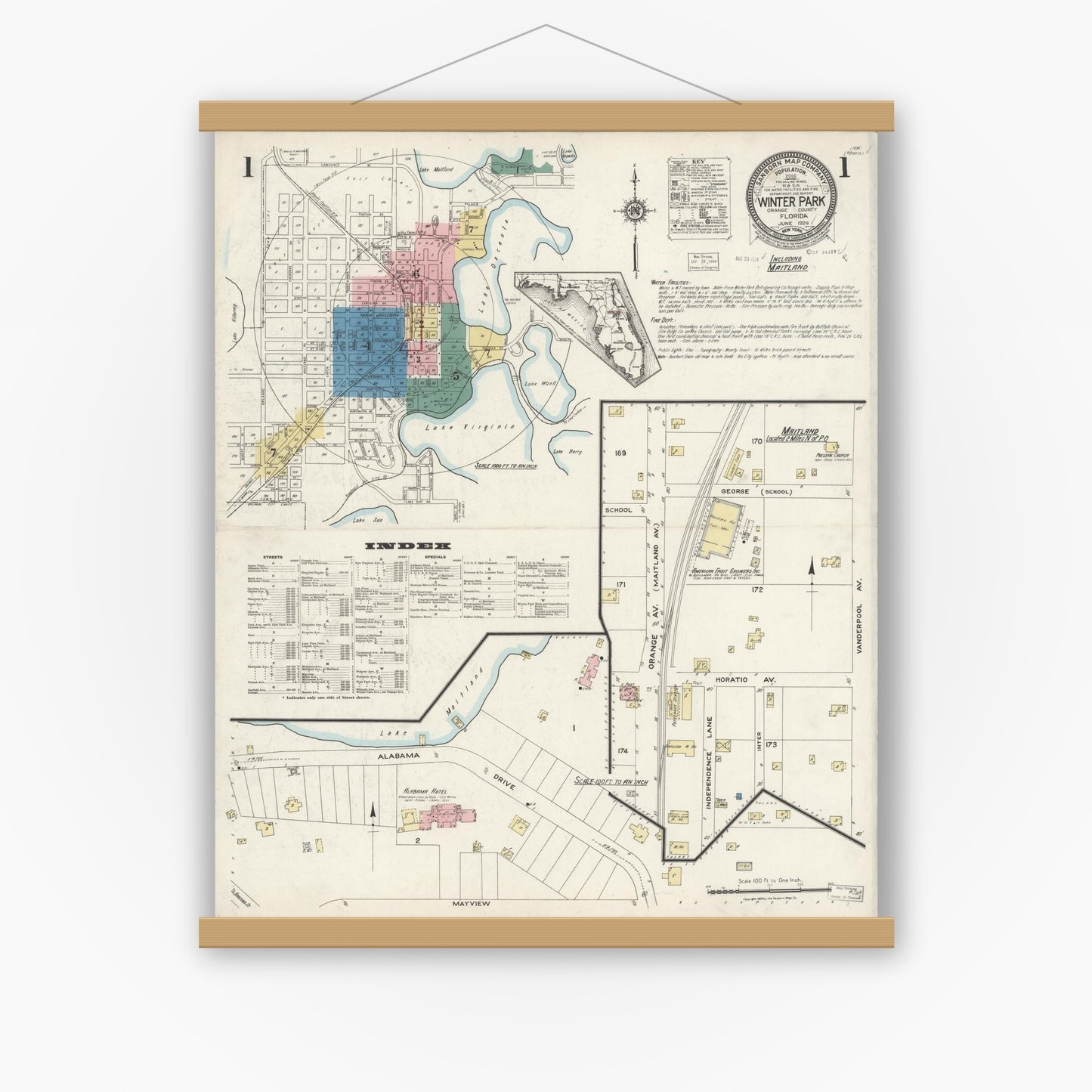 Old map wall art mockup — magnetic wood frame on white wall — Sanborn Fire Insurance Map from Winter Park, Orange County, Florida (1924), Sheet #0001