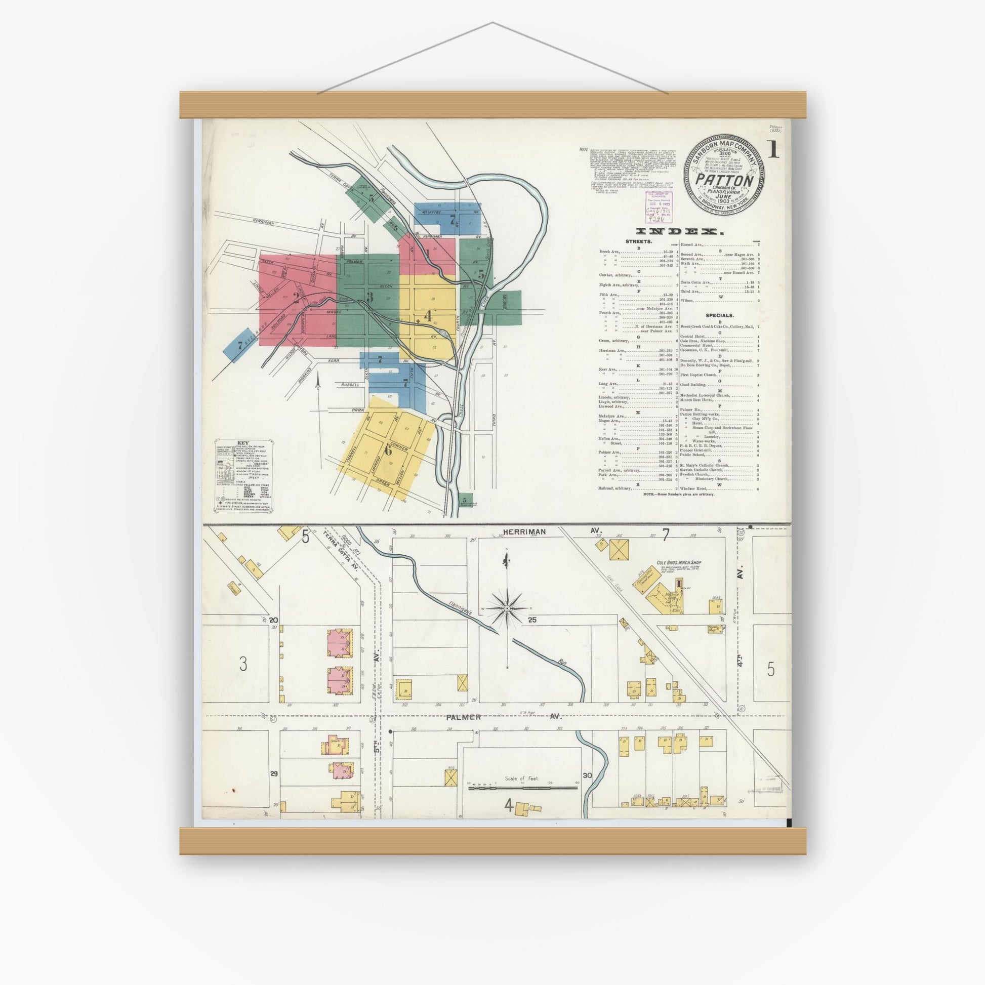 Old map wall art mockup — magnetic wood frame on white wall — Sanborn Fire Insurance Map from Patton, Cambria County, Pennsylvania (1903) - Complete Map Set
