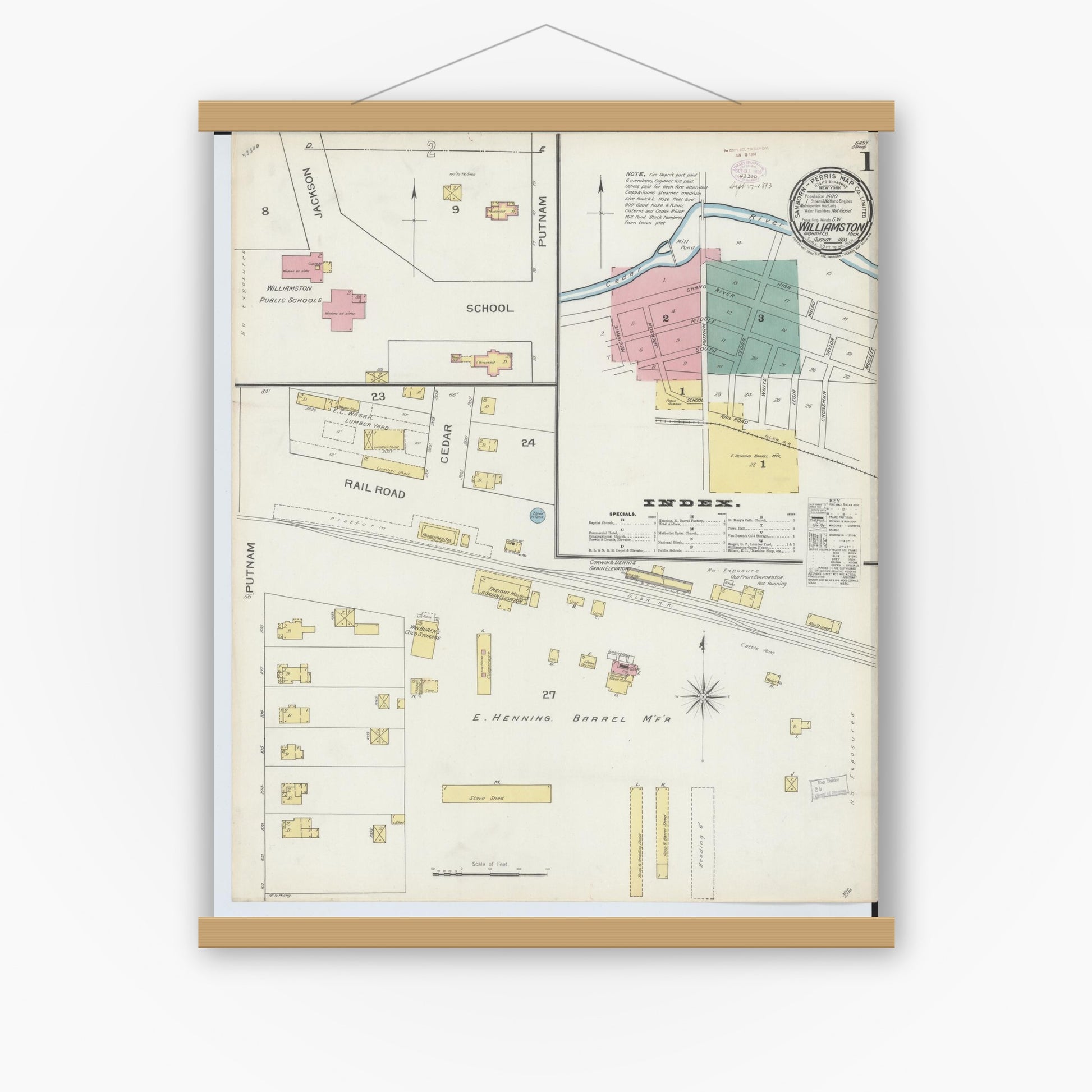 Old map wall art mockup — magnetic wood frame on white wall — Sanborn Fire Insurance Map from Williamston, Ingham County, Michigan (1893) - Complete Map Set