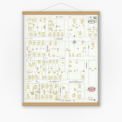 Old map wall art mockup — magnetic wood frame on white wall — Sanborn Fire Insurance Map from Marshall, Harrison County, Texas (1909), Sheet #0012