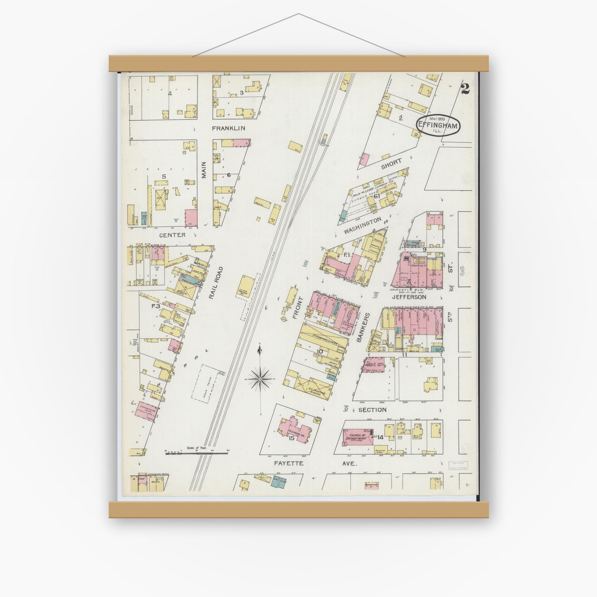 Old map wall art mockup — magnetic wood frame on white wall — Sanborn Fire Insurance Map from Effingham, Effingham County, Illinois (1893), Sheet #0002
