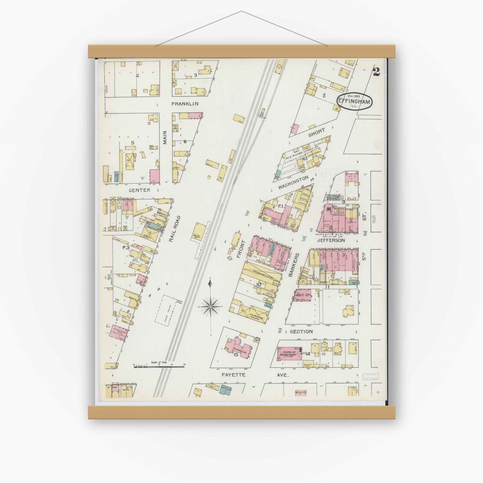Old map wall art mockup — magnetic wood frame on white wall — Sanborn Fire Insurance Map from Effingham, Effingham County, Illinois (1893), Sheet #0002