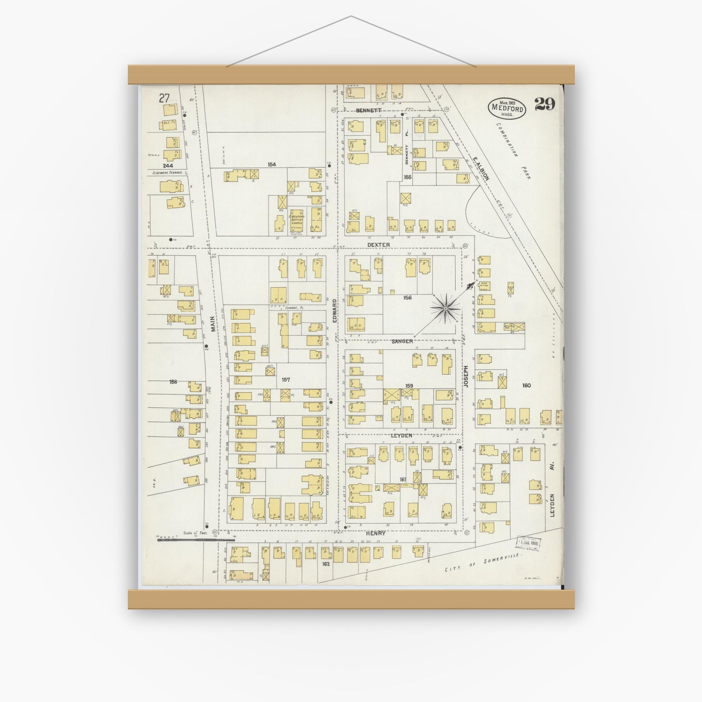 Old map wall art mockup — magnetic wood frame on white wall — Sanborn Fire Insurance Map from Medford, Middlesex County, Massachusetts (1903), Sheet #0029