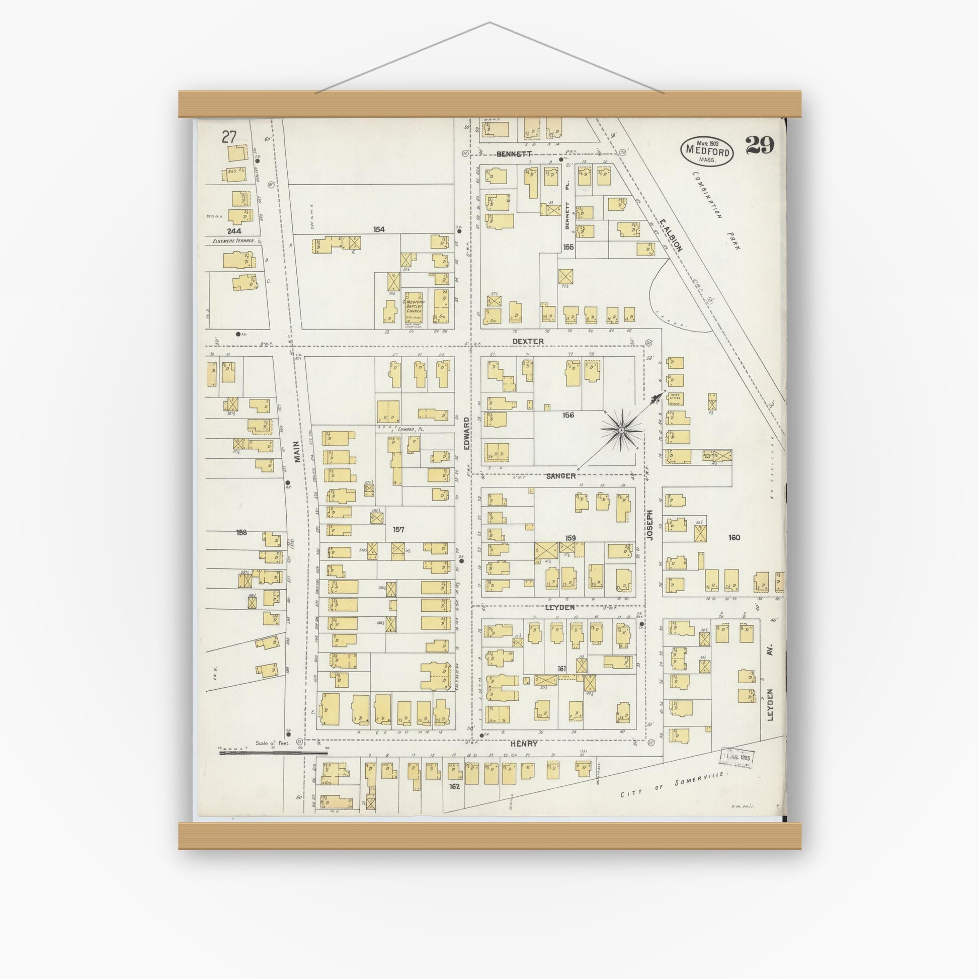 Old map wall art mockup — magnetic wood frame on white wall — Sanborn Fire Insurance Map from Medford, Middlesex County, Massachusetts (1903), Sheet #0029
