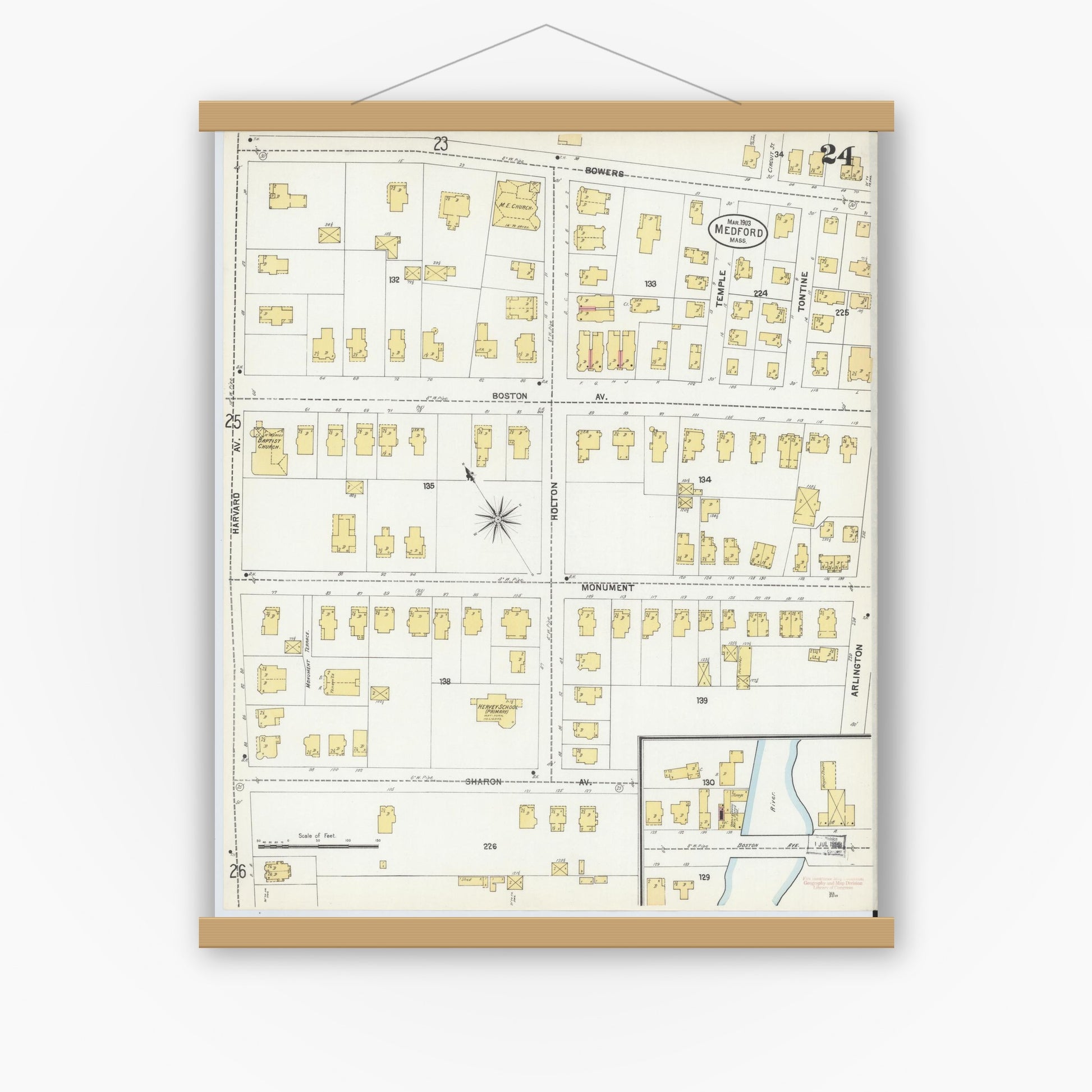 Old map wall art mockup — magnetic wood frame on white wall — Sanborn Fire Insurance Map from Medford, Middlesex County, Massachusetts (1903), Sheet #0024