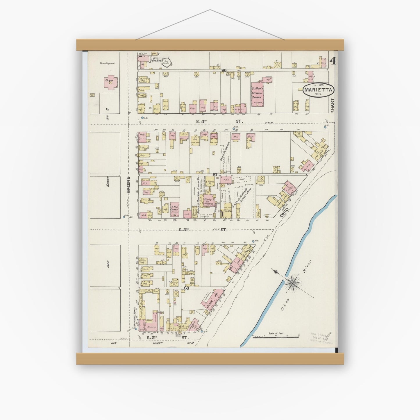 Old map wall art mockup — magnetic wood frame on white wall — Sanborn Fire Insurance Map from Marietta, Washington County, Ohio (1890), Sheet #0004