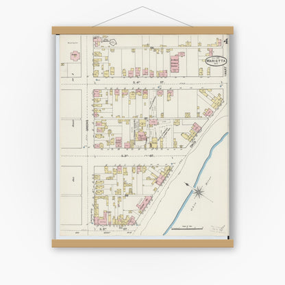 Old map wall art mockup — magnetic wood frame on white wall — Sanborn Fire Insurance Map from Marietta, Washington County, Ohio (1890), Sheet #0004