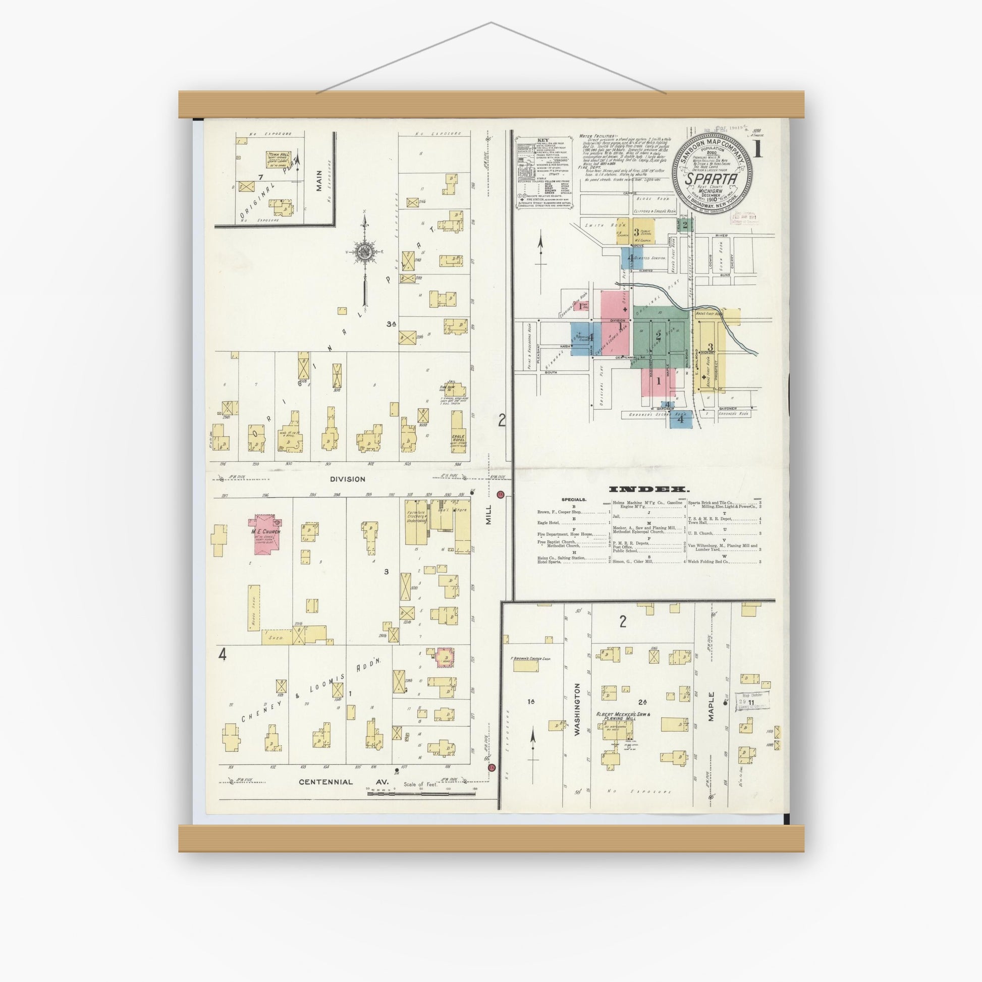Old map wall art mockup — magnetic wood frame on white wall — Sanborn Fire Insurance Map from Sparta, Kent County, Michigan (1910), Sheet #0001