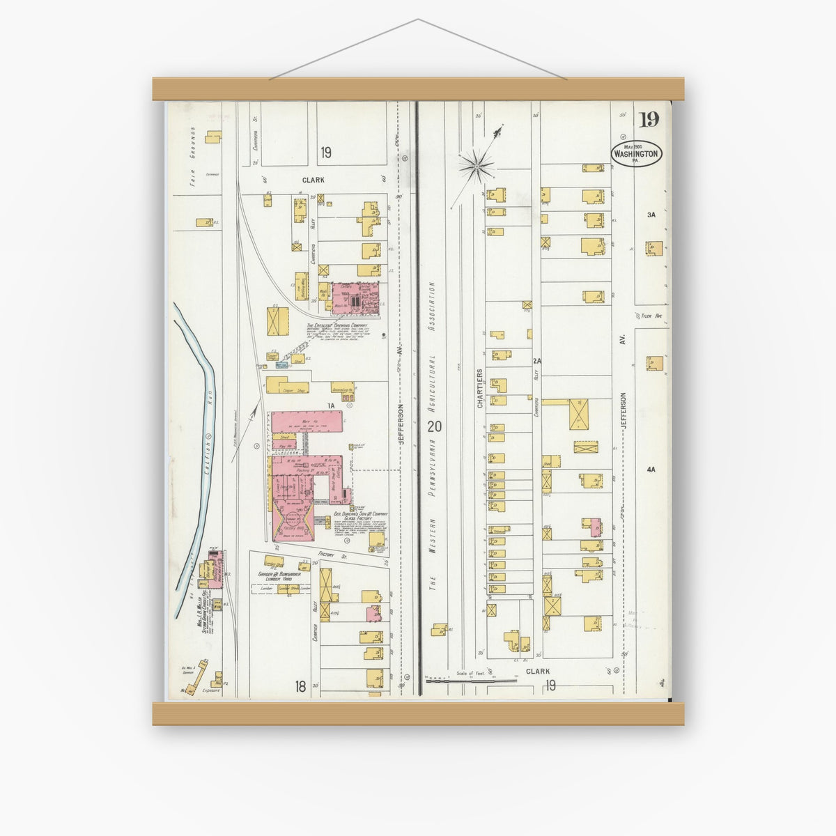 Old map wall art mockup — magnetic wood frame on white wall — Sanborn Fire Insurance Map from Washington, Washington County, Pennsylvania (1900), Sheet #0019