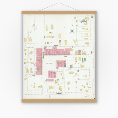 Old map wall art mockup — magnetic wood frame on white wall — Sanborn Fire Insurance Map from Commerce, Hunt County, Texas (1901), Sheet #0003