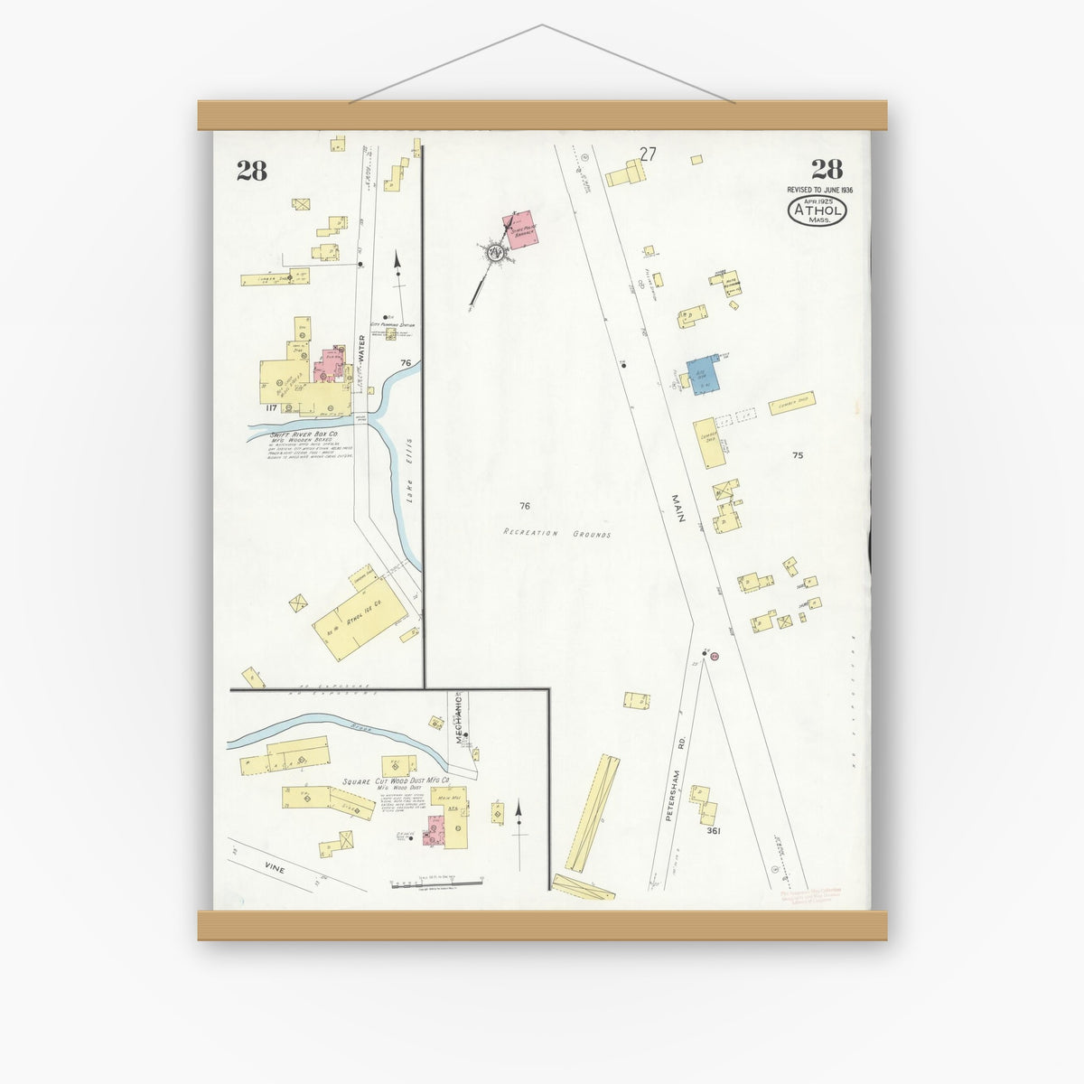 Old map wall art mockup — magnetic wood frame on white wall — Sanborn Fire Insurance Map from Athol, Worcester County, Massachusetts (1936), Sheet #0028