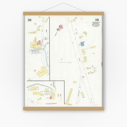 Old map wall art mockup — magnetic wood frame on white wall — Sanborn Fire Insurance Map from Athol, Worcester County, Massachusetts (1936), Sheet #0028