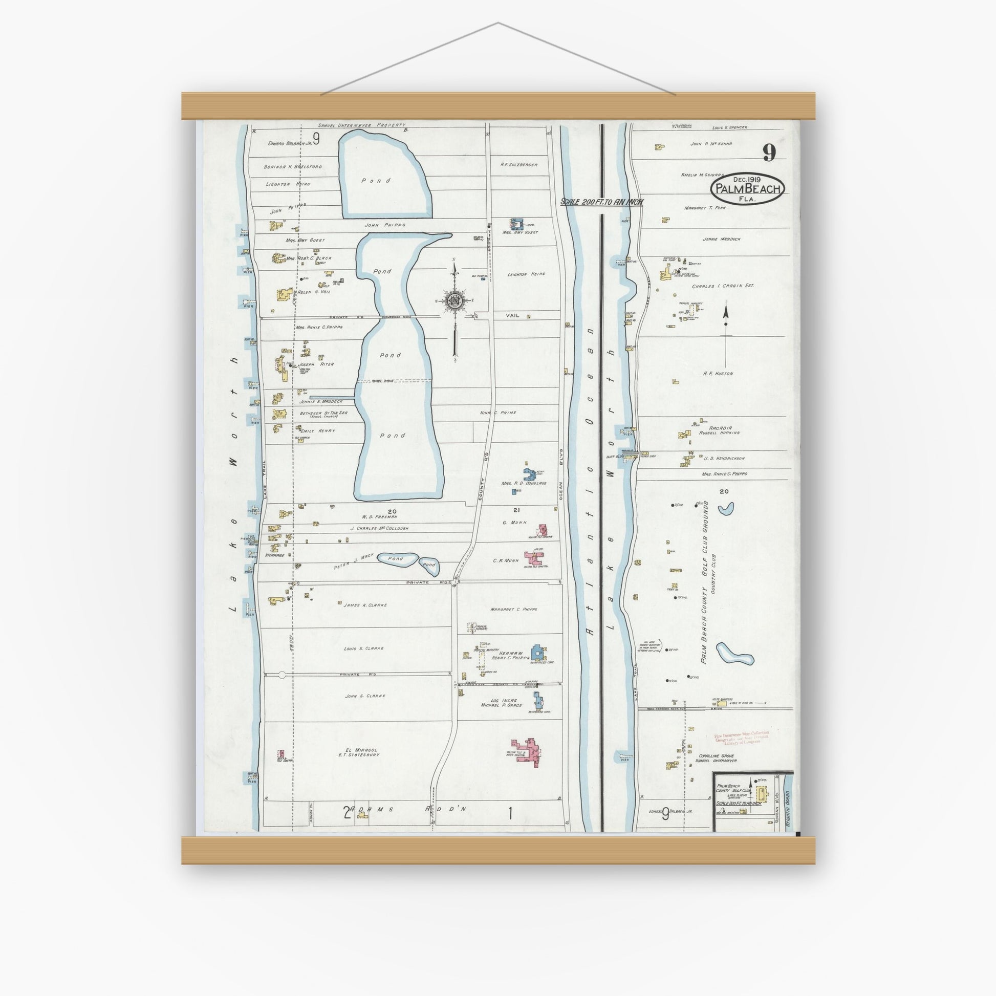 Old map wall art mockup — magnetic wood frame on white wall — Sanborn Fire Insurance Map from Palm Beach, Palm Beach County, Florida (1919), Sheet #0009