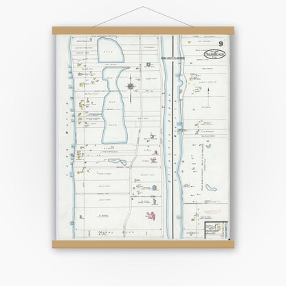 Old map wall art mockup — magnetic wood frame on white wall — Sanborn Fire Insurance Map from Palm Beach, Palm Beach County, Florida (1919), Sheet #0009