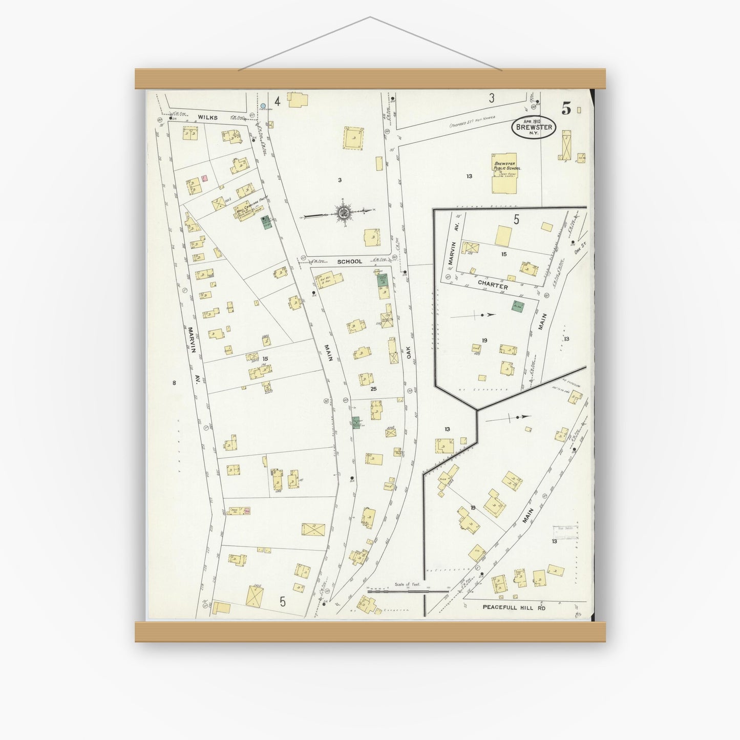 Old map wall art mockup — magnetic wood frame on white wall — Sanborn Fire Insurance Map from Brewster, Putnam County, New York (1910), Sheet #0005