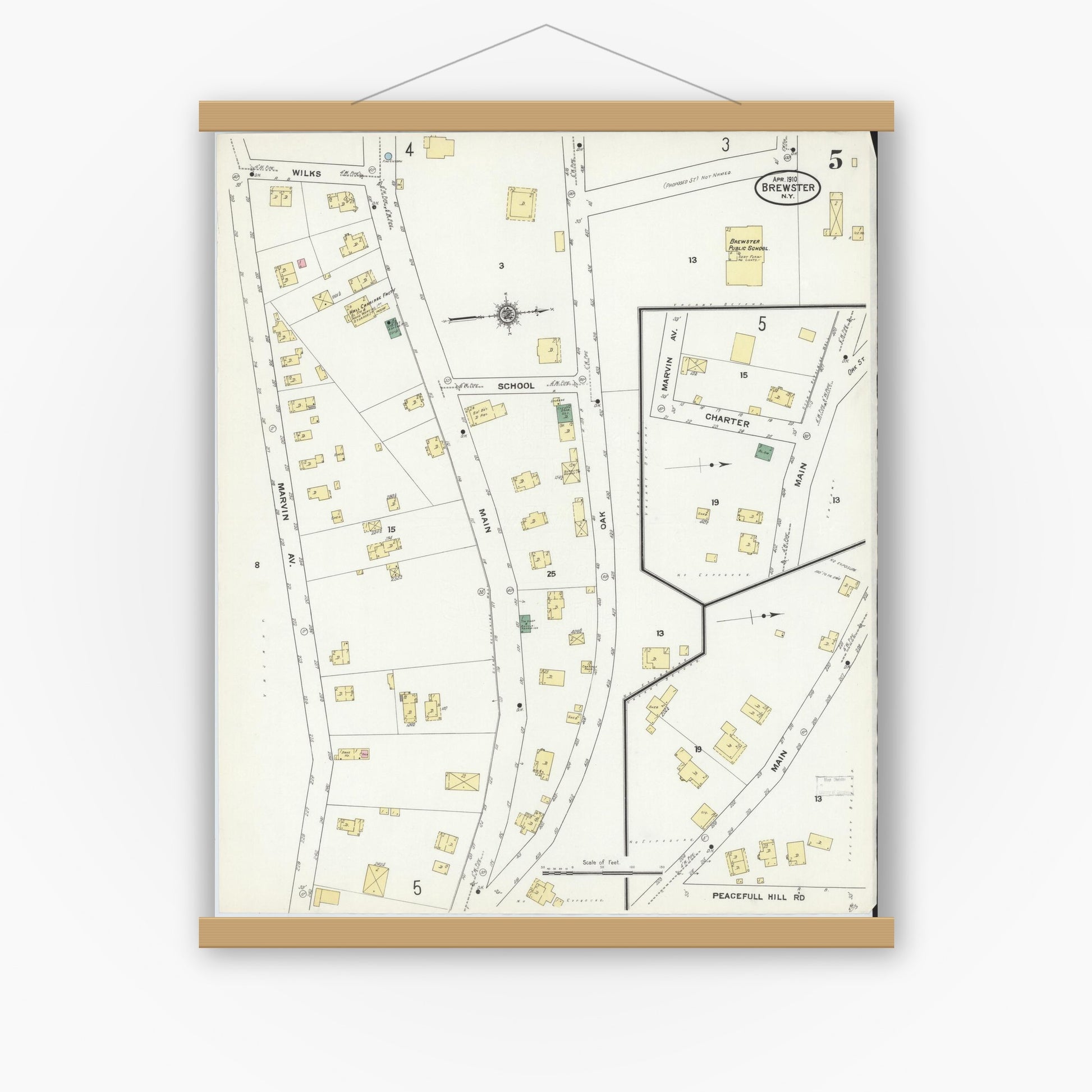 Old map wall art mockup — magnetic wood frame on white wall — Sanborn Fire Insurance Map from Brewster, Putnam County, New York (1910), Sheet #0005