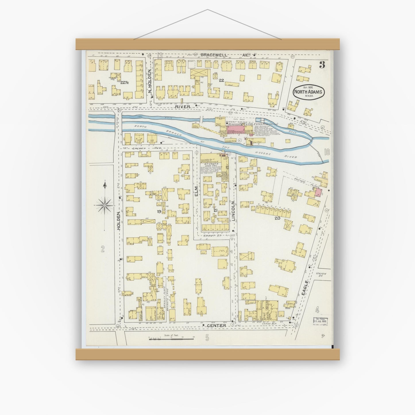 Old map wall art mockup — magnetic wood frame on white wall — Sanborn Fire Insurance Map from North Adams, Berkshire County, Massachusetts (1892), Sheet #0003