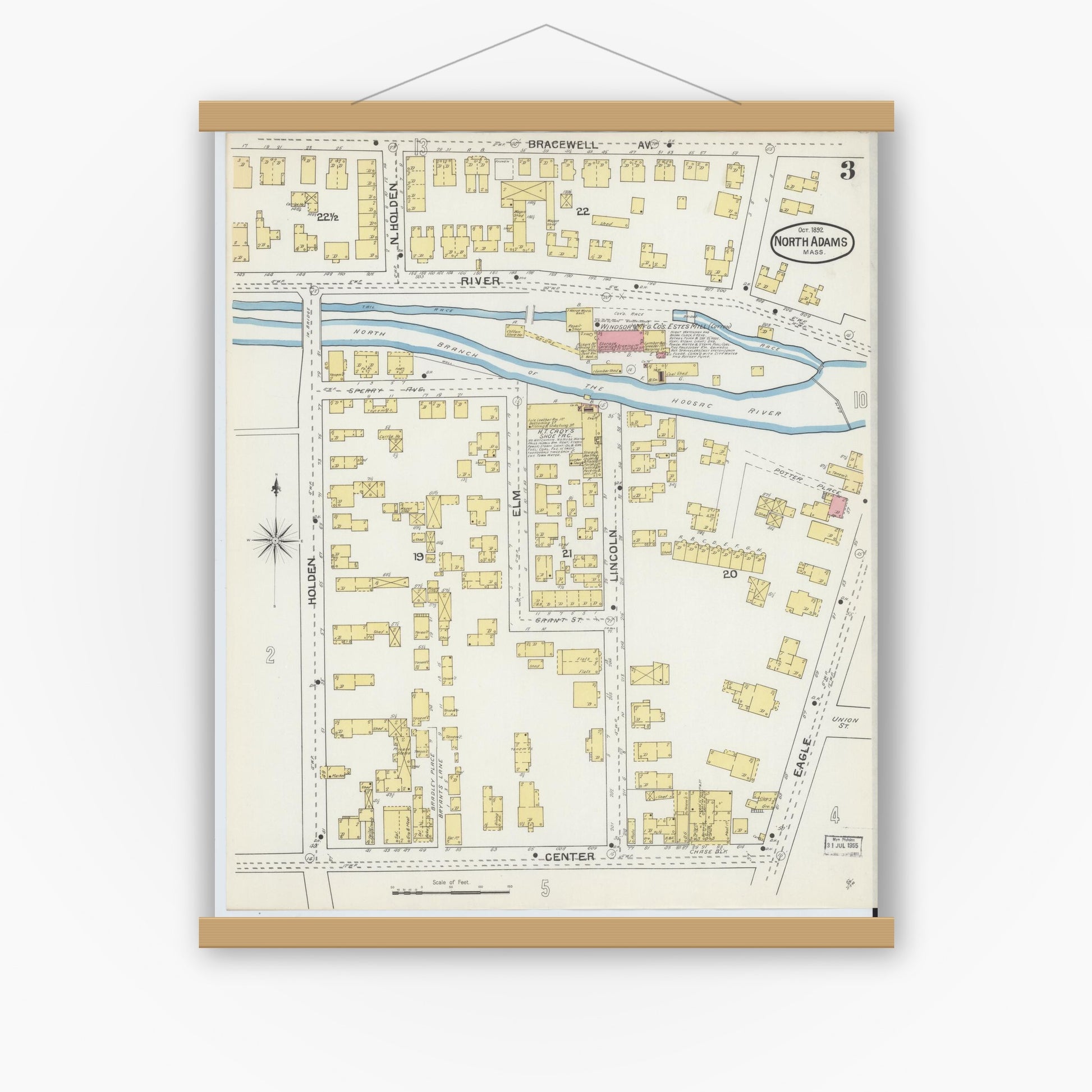 Old map wall art mockup — magnetic wood frame on white wall — Sanborn Fire Insurance Map from North Adams, Berkshire County, Massachusetts (1892), Sheet #0003