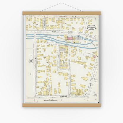 Old map wall art mockup — magnetic wood frame on white wall — Sanborn Fire Insurance Map from North Adams, Berkshire County, Massachusetts (1892), Sheet #0003
