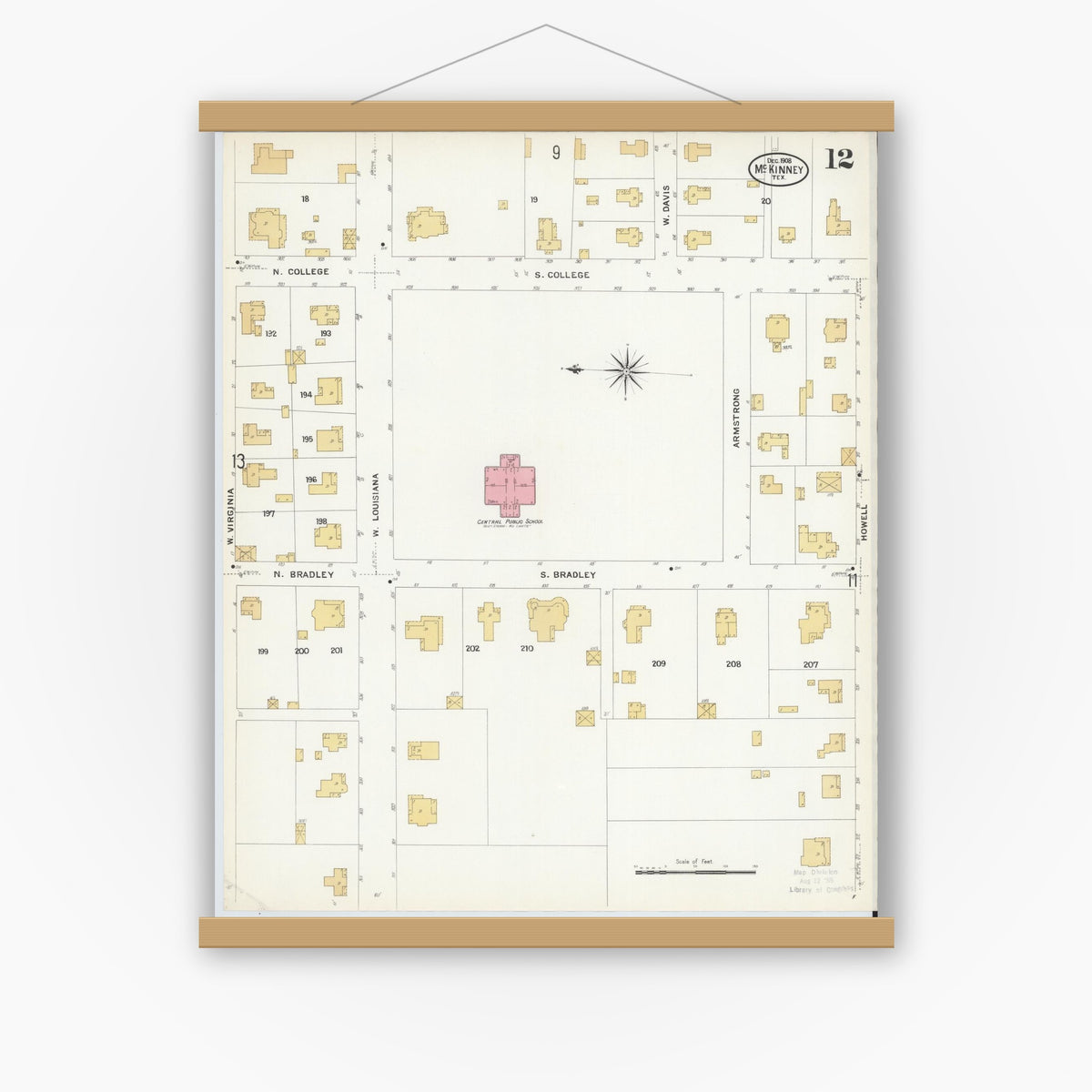Old map wall art mockup — magnetic wood frame on white wall — Sanborn Fire Insurance Map from McKinney, Collin County, Texas (1908), Sheet #0012