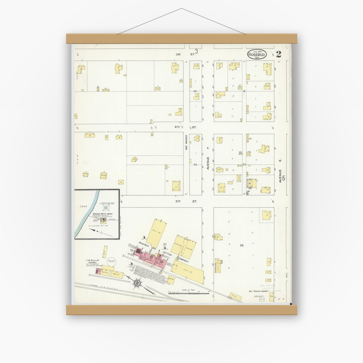 Old map wall art mockup — magnetic wood frame on white wall — Sanborn Fire Insurance Map from Rosebud, Falls County, Texas (1914), Sheet #0002