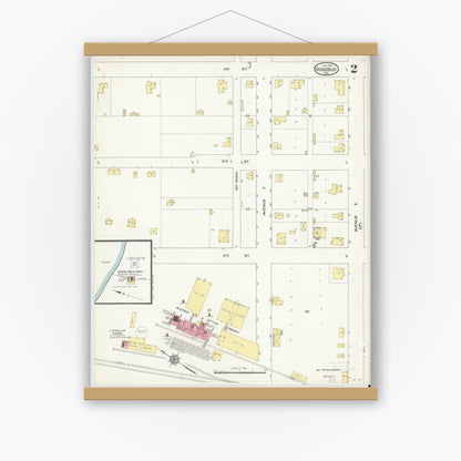 Old map wall art mockup — magnetic wood frame on white wall — Sanborn Fire Insurance Map from Rosebud, Falls County, Texas (1914), Sheet #0002