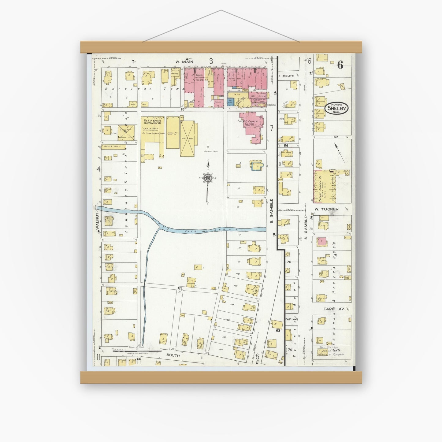 Old map wall art mockup — magnetic wood frame on white wall — Sanborn Fire Insurance Map from Shelby, Richland County, Ohio (1919), Sheet #0006