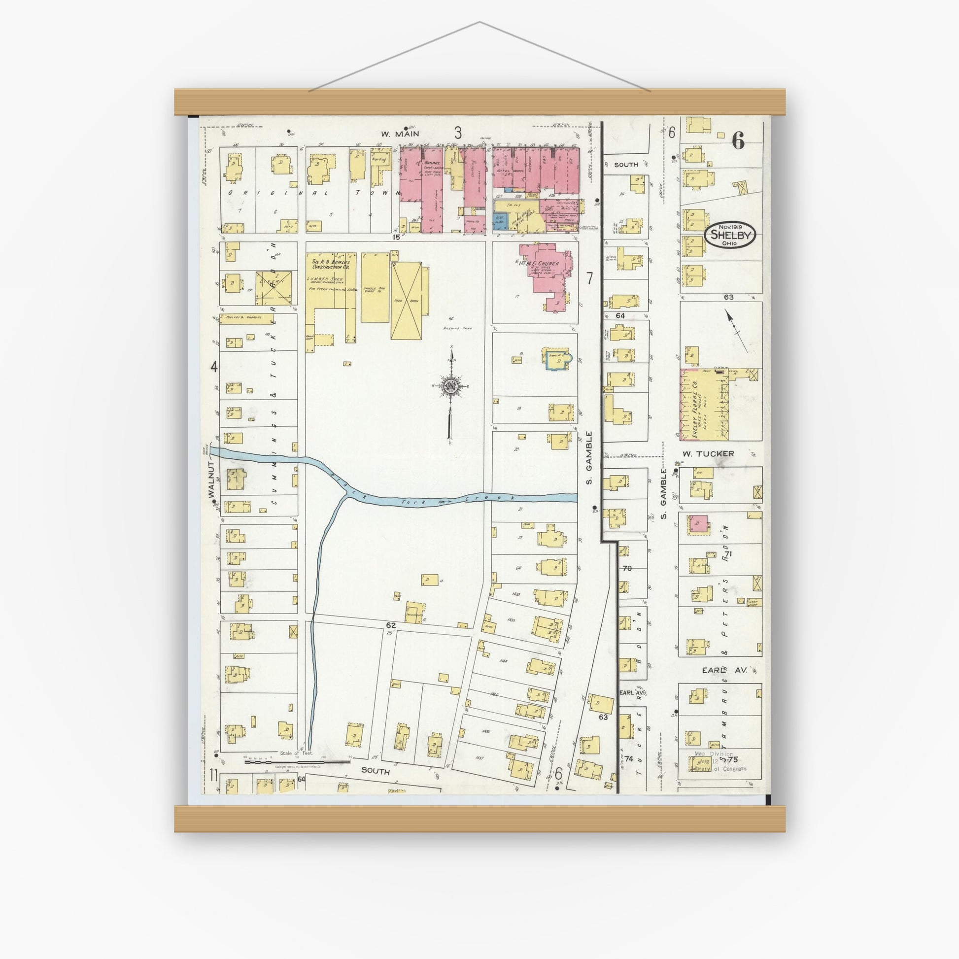 Old map wall art mockup — magnetic wood frame on white wall — Sanborn Fire Insurance Map from Shelby, Richland County, Ohio (1919), Sheet #0006