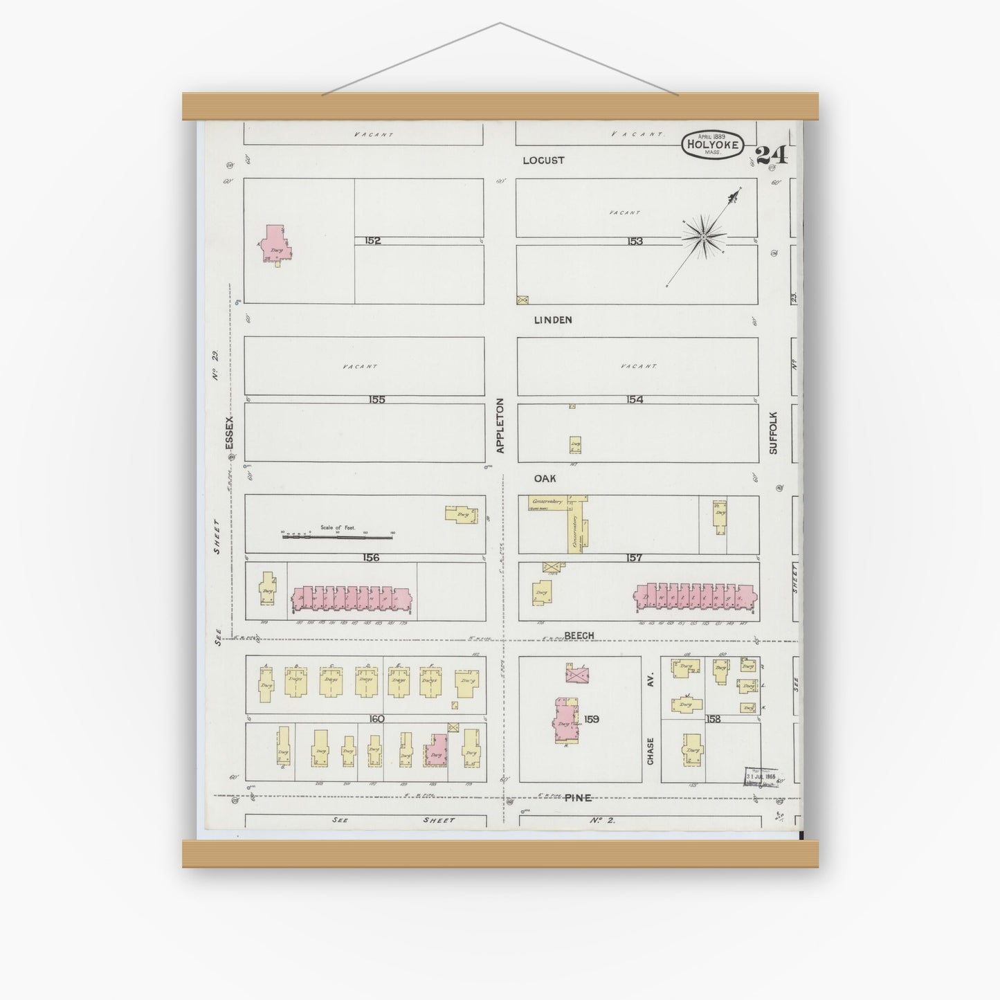 Old map wall art mockup — magnetic wood frame on white wall — Sanborn Fire Insurance Map from Holyoke, Hampden County, Massachusetts (1889), Sheet #0024