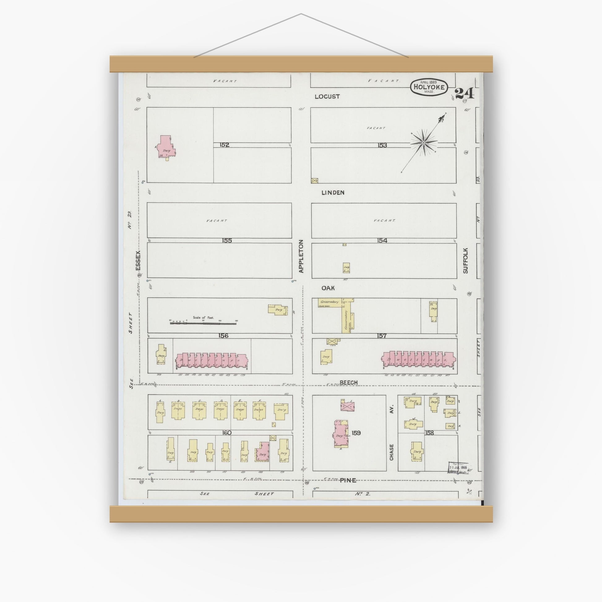 Old map wall art mockup — magnetic wood frame on white wall — Sanborn Fire Insurance Map from Holyoke, Hampden County, Massachusetts (1889), Sheet #0024