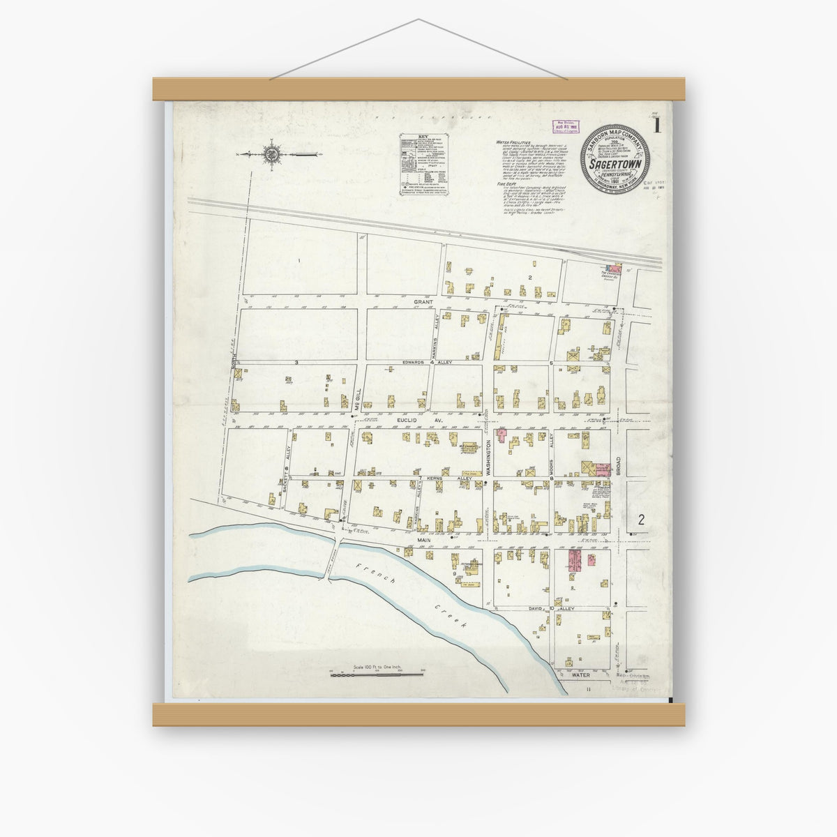 Old map wall art mockup — magnetic wood frame on white wall — Sanborn Fire Insurance Map from Sagertown, Crawford County, Pennsylvania (1911) - Complete Map Set