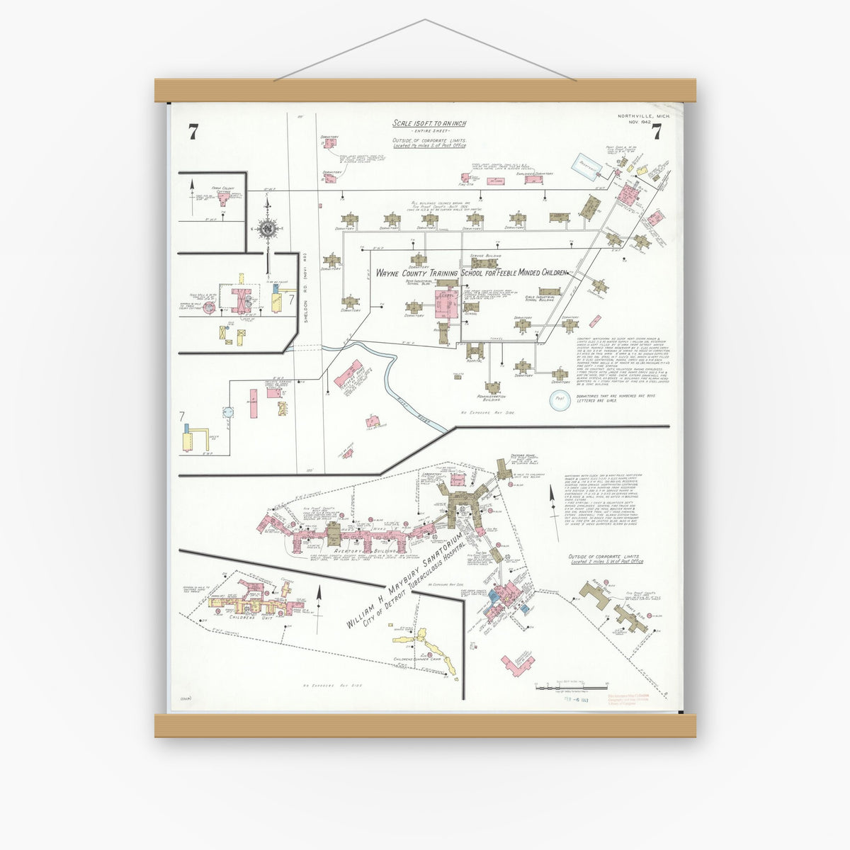 Old map wall art mockup — magnetic wood frame on white wall — Sanborn Fire Insurance Map from Northville, Wayne County, Michigan (1942), Sheet #0007
