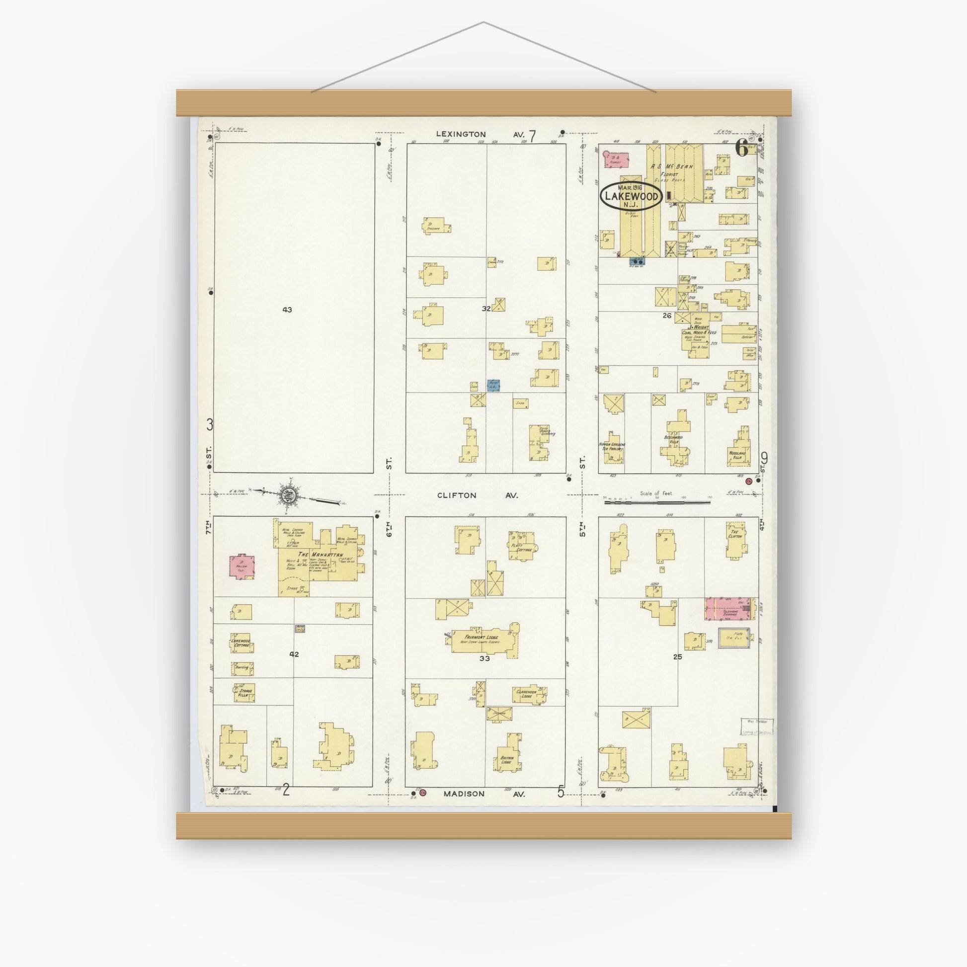 Old map wall art mockup — magnetic wood frame on white wall — Sanborn Fire Insurance Map from Lakewood, Ocean County, New Jersey (1916), Sheet #0006
