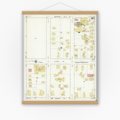 Old map wall art mockup — magnetic wood frame on white wall — Sanborn Fire Insurance Map from Lakewood, Ocean County, New Jersey (1916), Sheet #0006