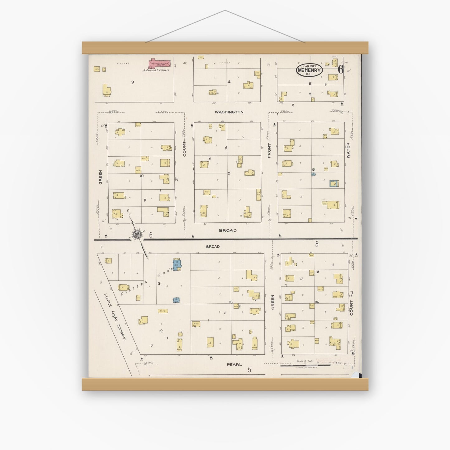 Old map wall art mockup — magnetic wood frame on white wall — Sanborn Fire Insurance Map from McHenry, McHenry County, Illinois (1922), Sheet #0006