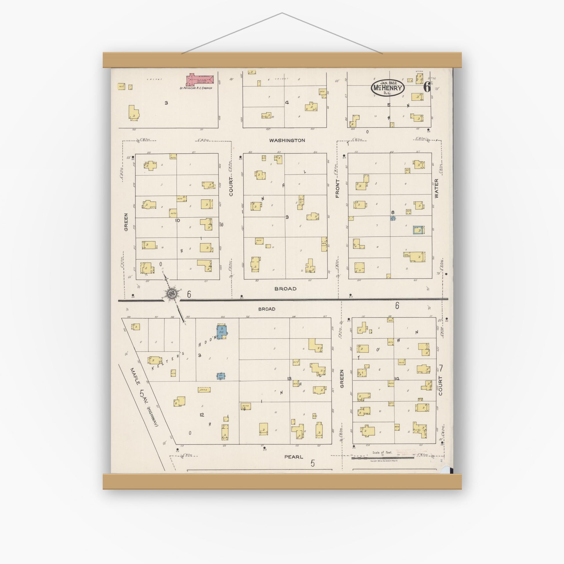 Old map wall art mockup — magnetic wood frame on white wall — Sanborn Fire Insurance Map from McHenry, McHenry County, Illinois (1922), Sheet #0006